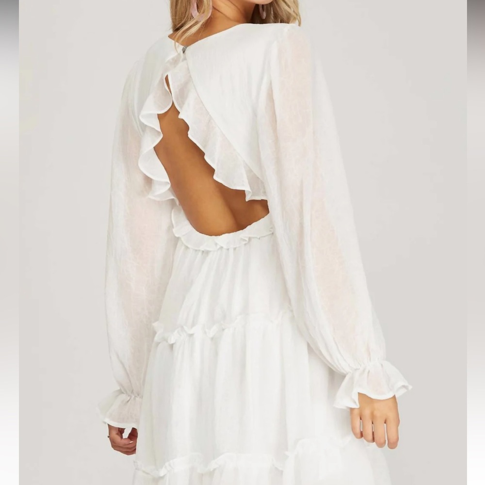 SHE + SKY SIZE SMALL WHITE BACK TIE RUFFLE DRESS LONG SLEEVE DRESS